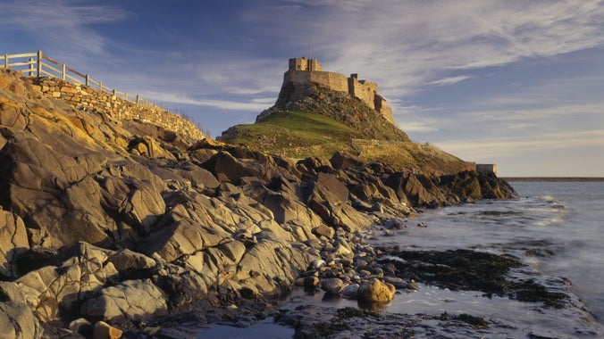 View of the rocky crag and causeway below Lindisfarne Castle, Northumberland, taken at low tide